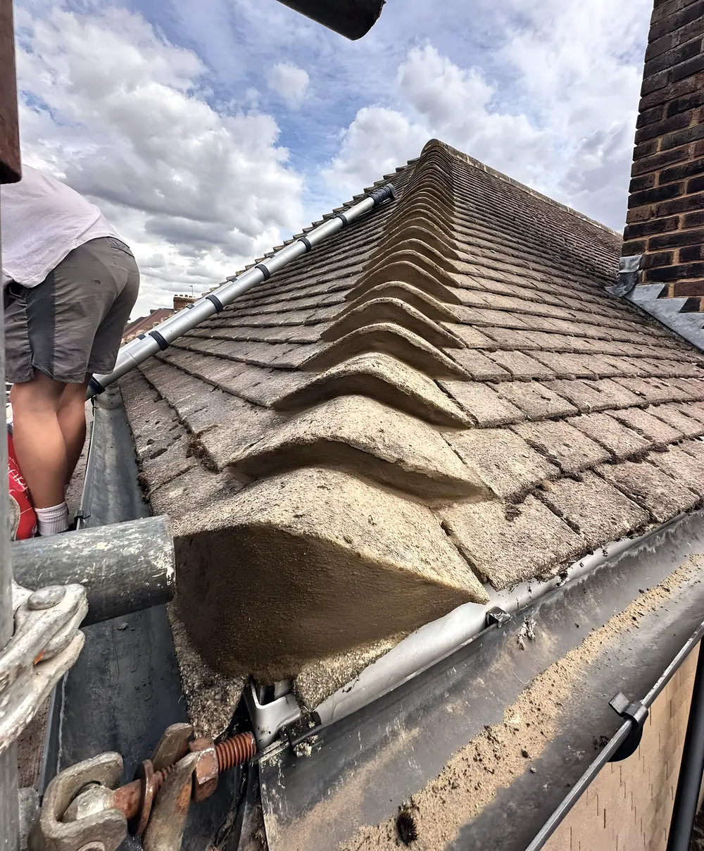 Hip of a tiled roof bedded in fresh mortar, with scaffold alongside and a brick chimney stack to the side