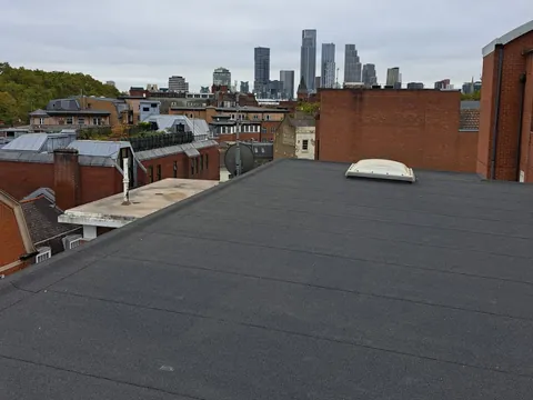 A flat roof finished in black mineral felt round a domed rooflight, the London skyline beyond